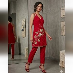 Women's 3 Piece Red Floral Embellished Designer Indian Punjabi Salwar Kameez XS